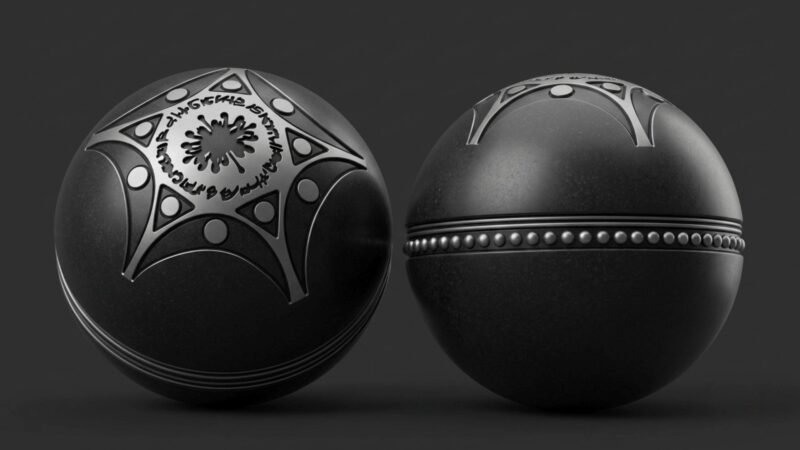 3D digital render of the mysterious metallic Buga Sphere with carved ancient symbols and raised beaded seam against a dark background